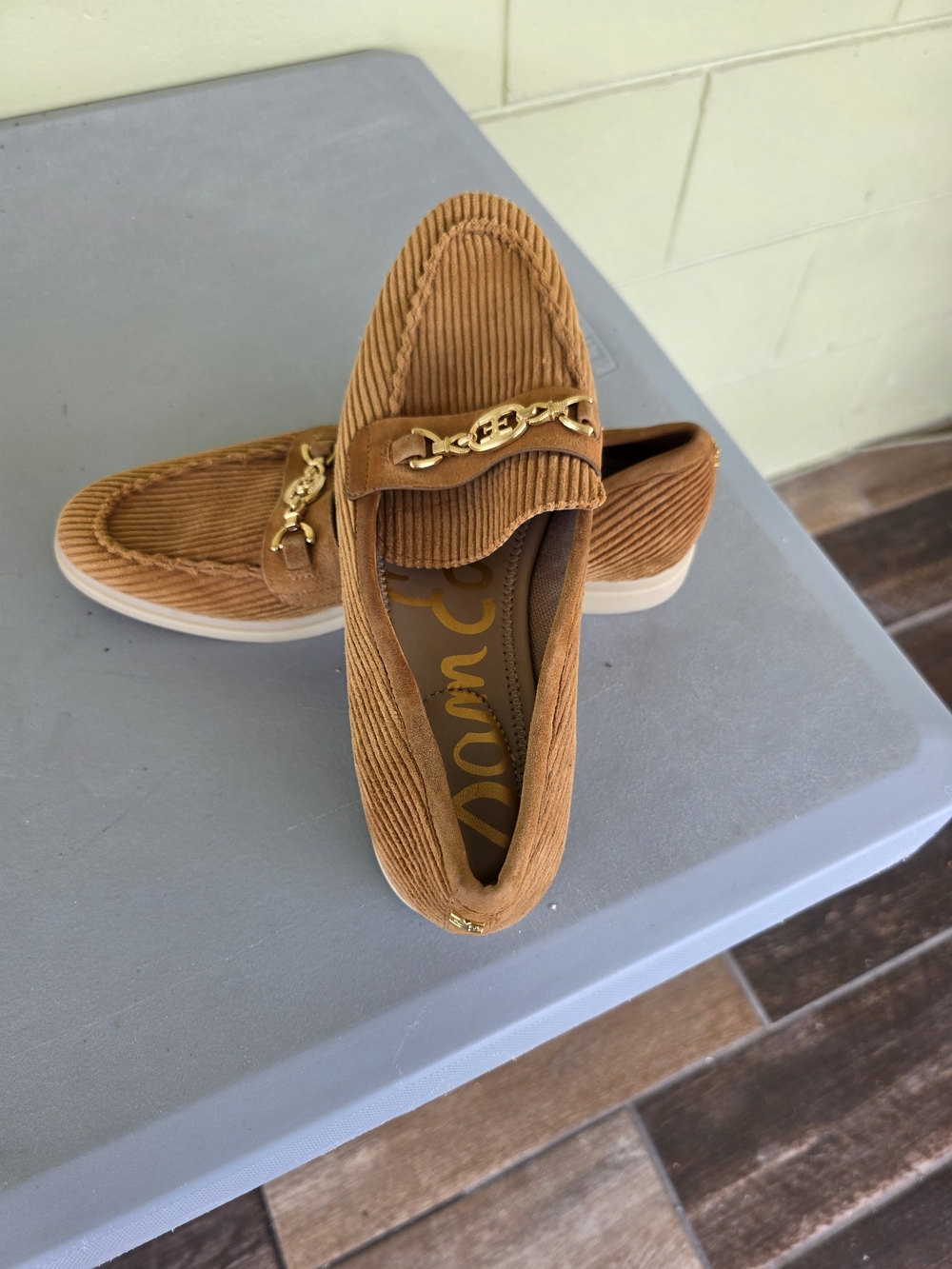 Sole Society Cognac Corduroy Loafers with Gold Chain Accent